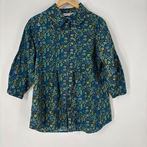 Country Store Womens Leaf Print Pleated Top Size L Peter Pan Collar Cottage